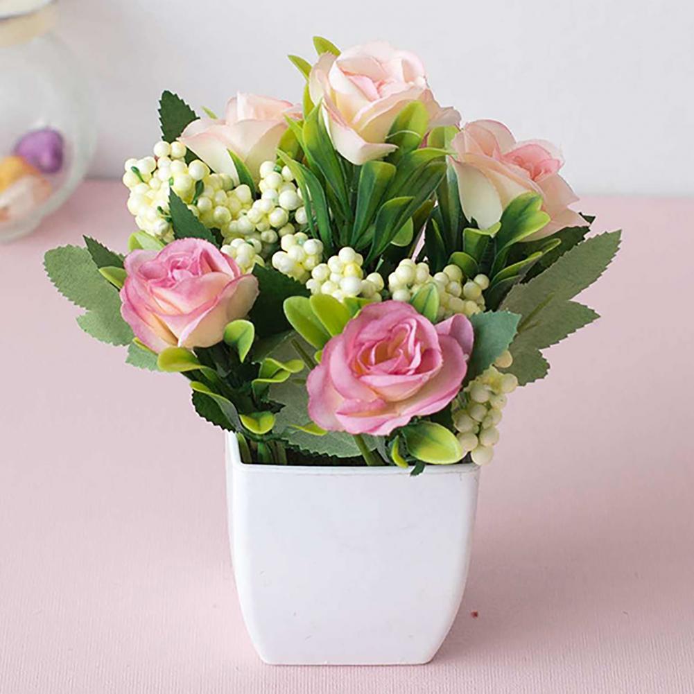 Multi-color Rose Flower Artificial Potted Plant Artificial Bonsai Potted Fake Flower Home Garden Office Table Room Decoration