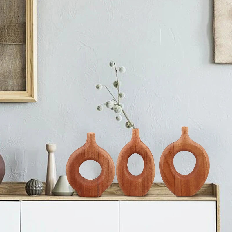 1PC Nordic Style Solid Wood Vase Donut Design Flowerpot Dry Flower Arranging Container Ornament Living Room Table Home Decor