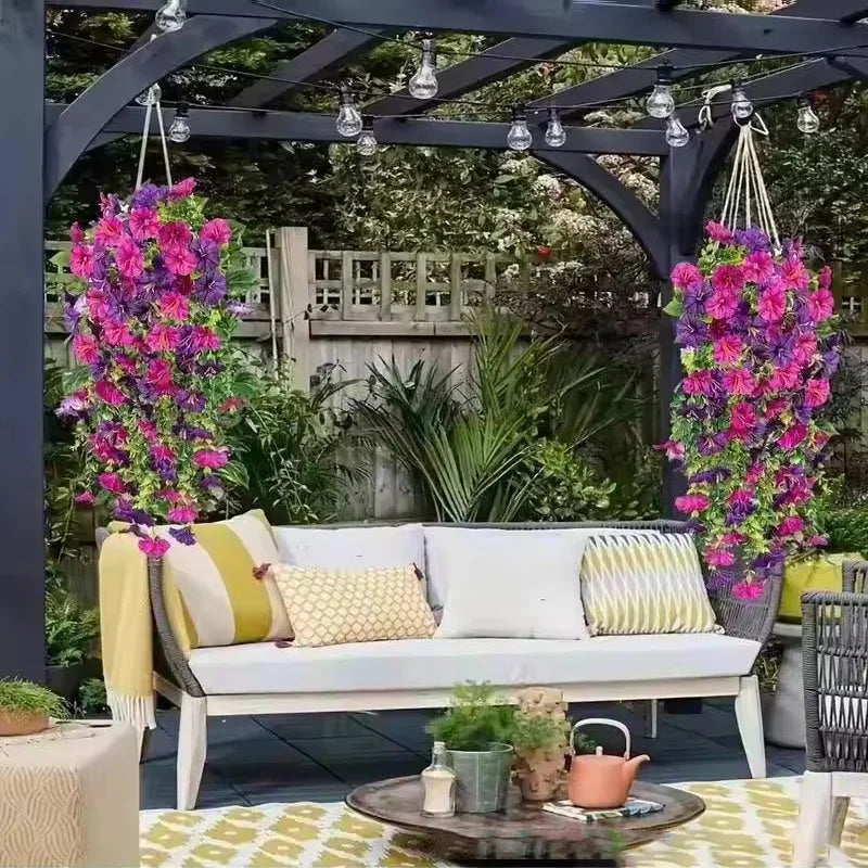 2pcs Artificial Flowers Fake Morning Glory Flowers Eucalyptus Leaves Hanging Flowers For Outdoor Party Wedding Garden Decoration