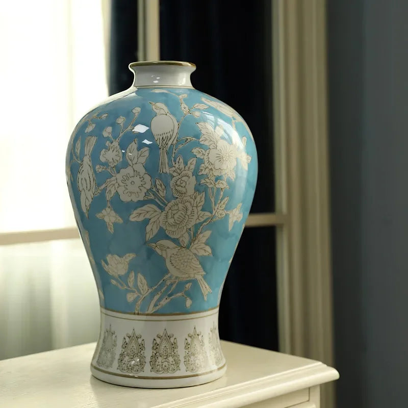 Ceramic vase advanced plum bottle blue and white porcelain living room decoration table light luxury style high-end furnishings