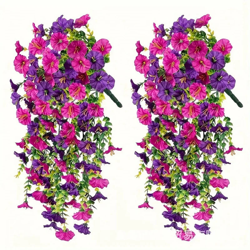 2pcs Artificial Flowers Fake Morning Glory Flowers Eucalyptus Leaves Hanging Flowers For Outdoor Party Wedding Garden Decoration