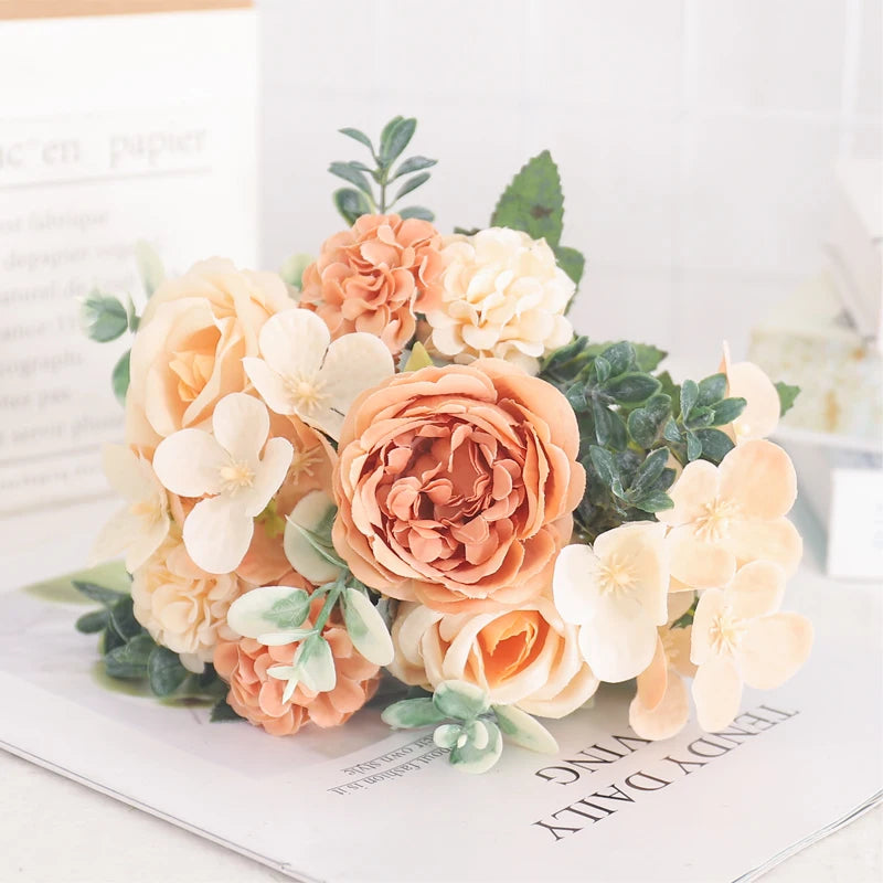 Artificial Flowers Silk Peony Hydrangea For Living Room Home Decoration Wedding Bride Bouquet Rose Fake Plants Table Accessories