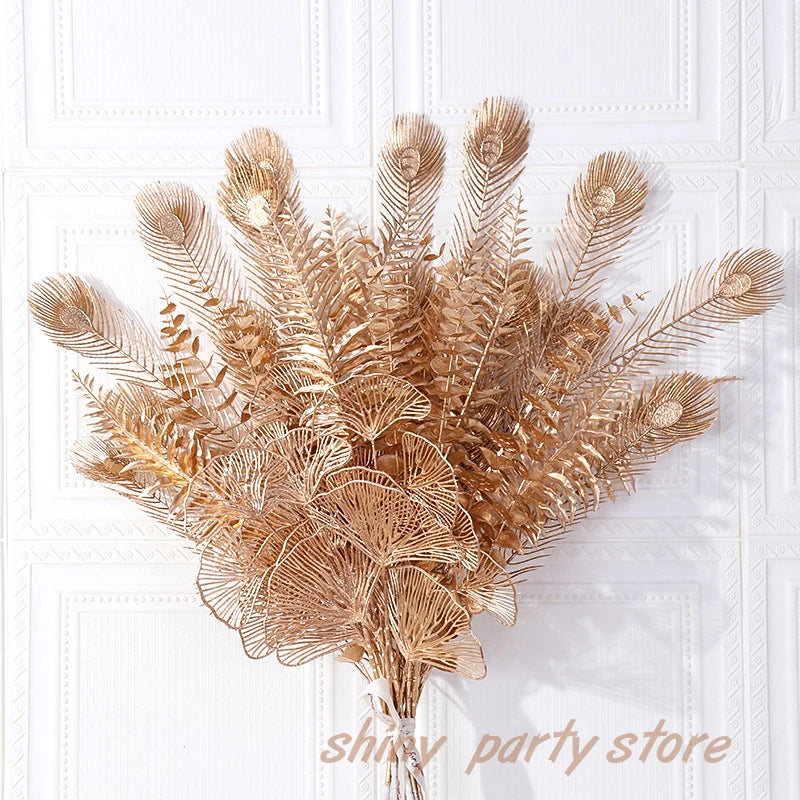 1pc Simulated Golden Gingko Leaves Eucalyptus Leave PlasticFan Leaves Peacock Tail Home Wedding Decoration Artificial Flowers