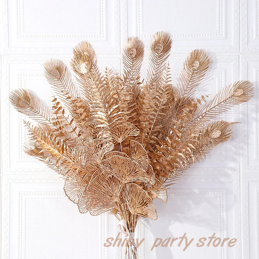 1pc Simulated Golden Gingko Leaves Eucalyptus Leave PlasticFan Leaves Peacock Tail Home Wedding Decoration Artificial Flowers