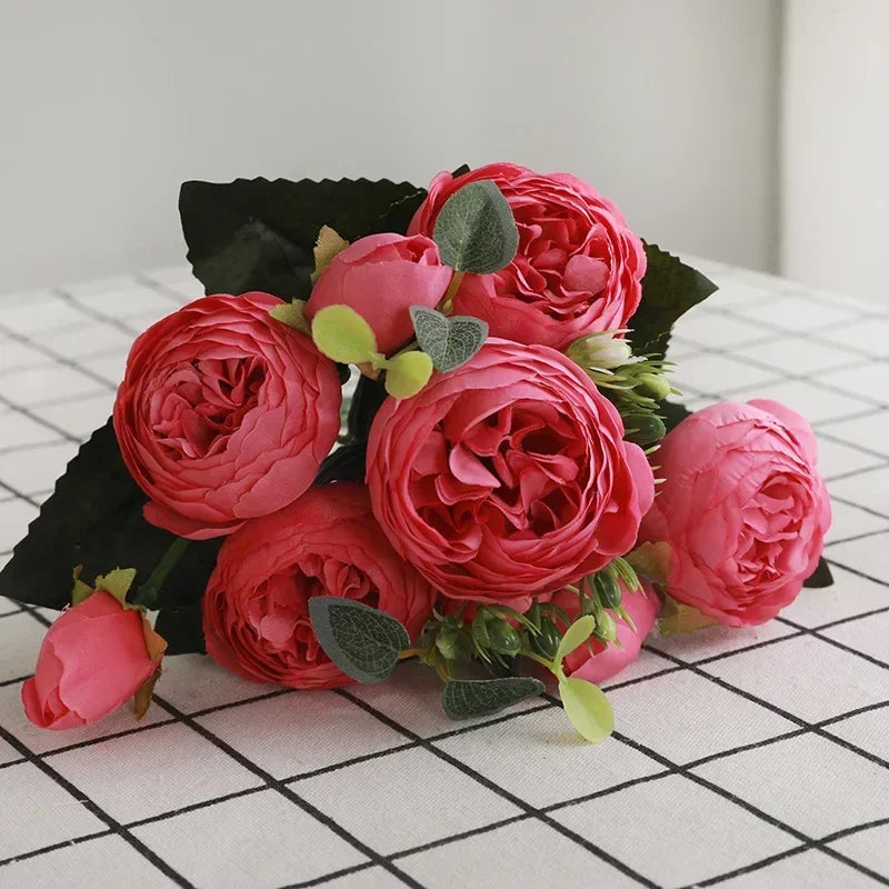 30cm Rose Pink Silk Peony Artificial Flowers Bouquet 5 Big Head an Bud Cheap Fake Flowers for Home Wedding Decoration indoo