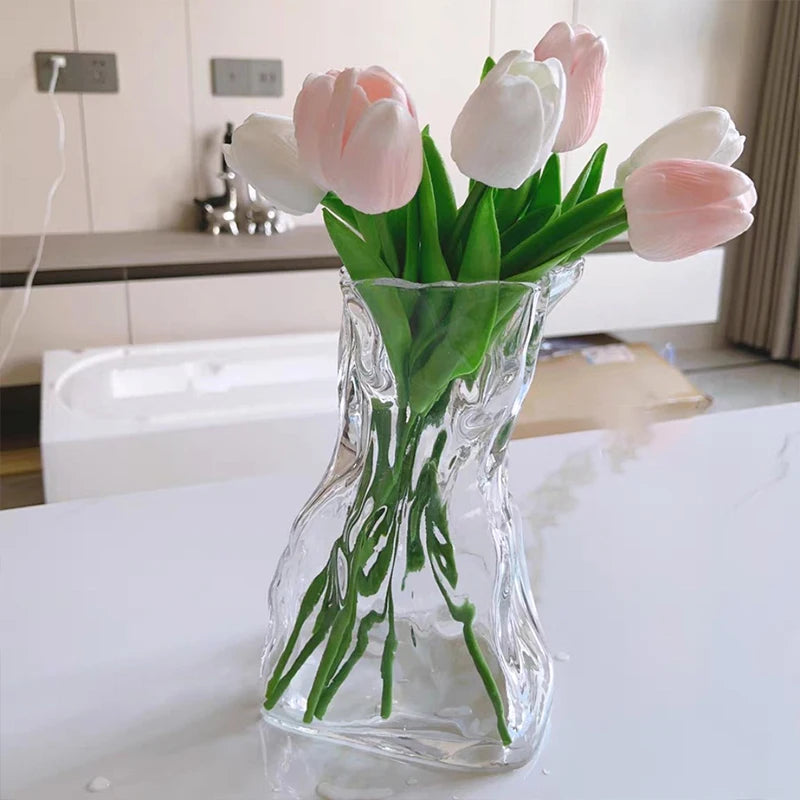 Irregular Glass Flower Vase Crystal Clear Vase Ins Style Decorative Vases for Home Office Wedding Dinner Table Party Decor