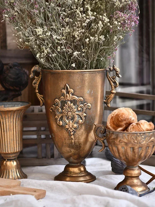 Vintage Old Iron Vases Flower Room Home Nordic Decor Golden Silver Chinese Flowers Pot Goblet Classical Decoration Salon Casedec