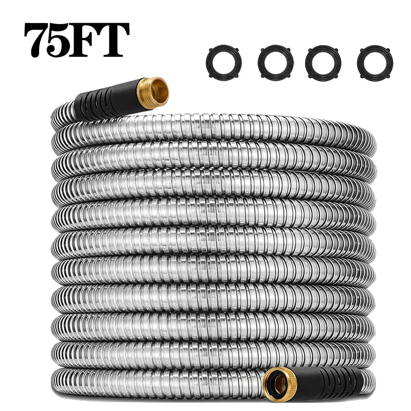 100ft Stainless Steel Garden Hose Metal Water Hose Patio Outdoor RV Car Wash Hose Watering Gun Hose Gardening Accessories