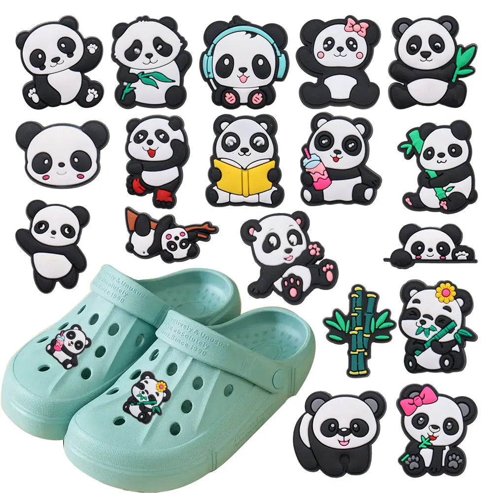 1-18PCS Cartoon Animal Panda Bamboo PVC Shoe Charms Buckle Clog Sandals Decoration Garden Shoes Button Accessories Children Gift