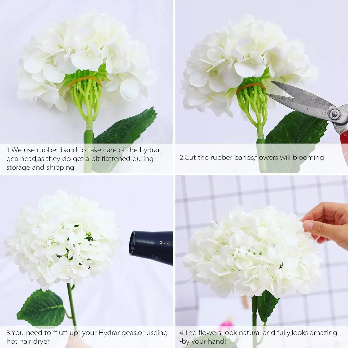 Artificial Hydrangea Stems for Wedding Centerpieces, Silk Flowers Bouquet, Home Decor, White, 15.4 ", 5Pcs