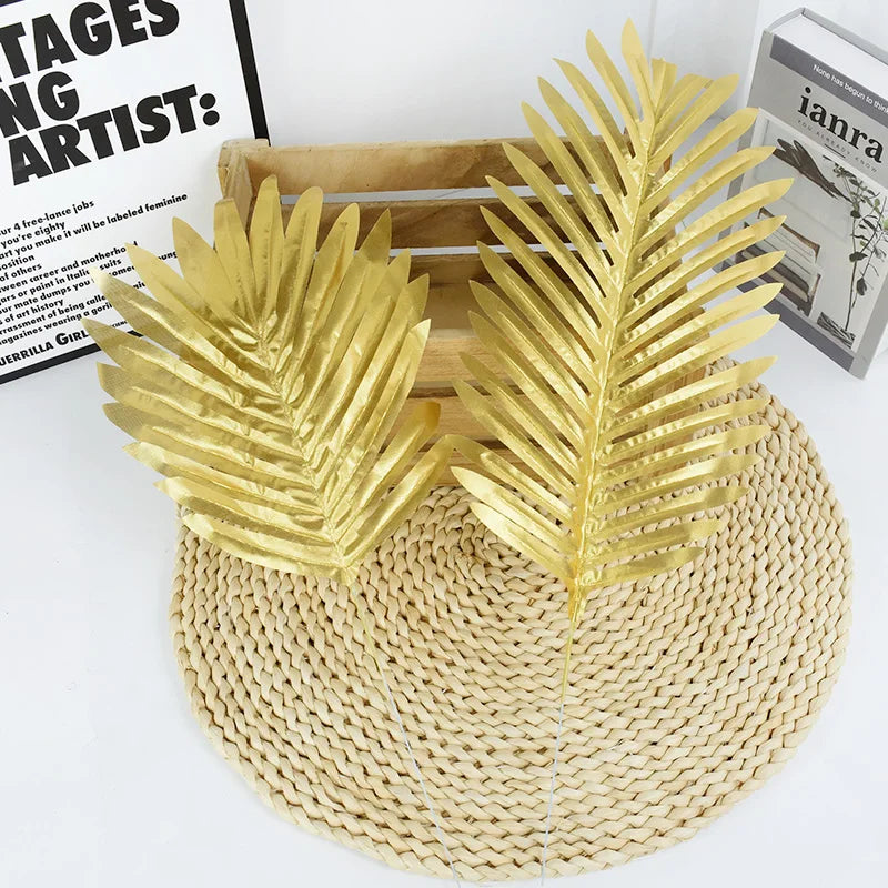 5Pcs Artificial Tropical Palm Tree Leaves Gold Silk Turtle Leaf Branch Fake Plant For Hawaii Wedding Jungle Birthday Party Decor
