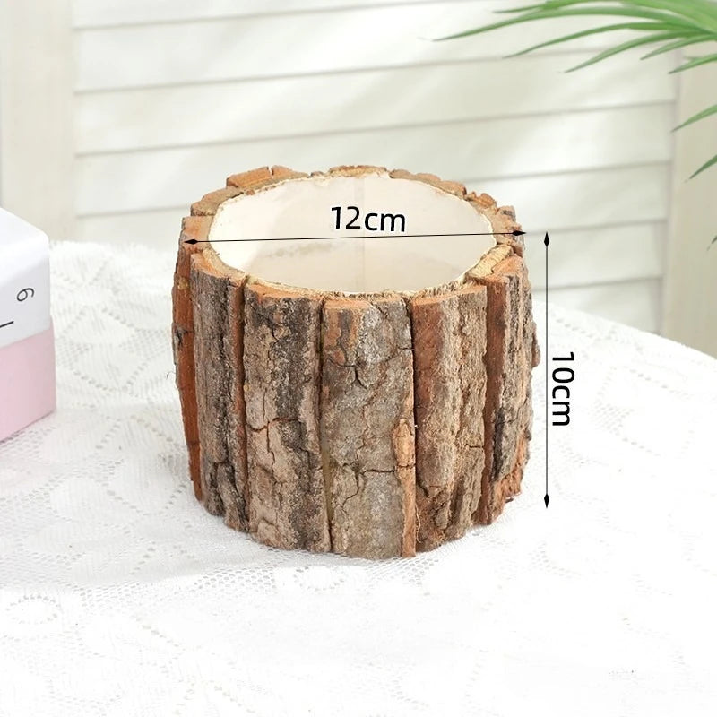 9/12cm Tree Bark Flower Vase Ornament,Round Wooden Tree Stump Planter,Wedding Garden Office Desktop Decoration Vase