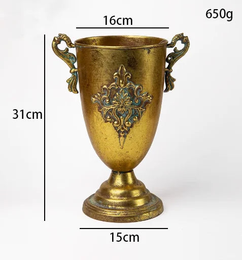 European Golden Retro Iron Vase Flower Arrangement Vessel Decoration Home Room Ornaments Wedding Banquet Table Accessories Items
