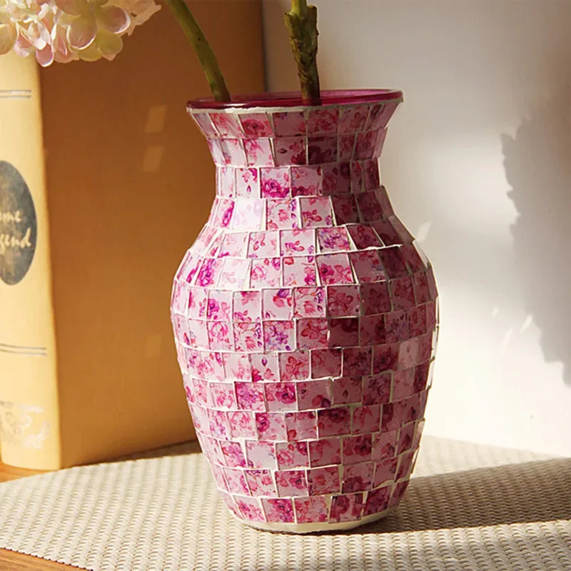 European Style Pastoral Mosaic Glass Vase, Pink and Purple, Fashion Home and Restaurant Decoration Furnishings