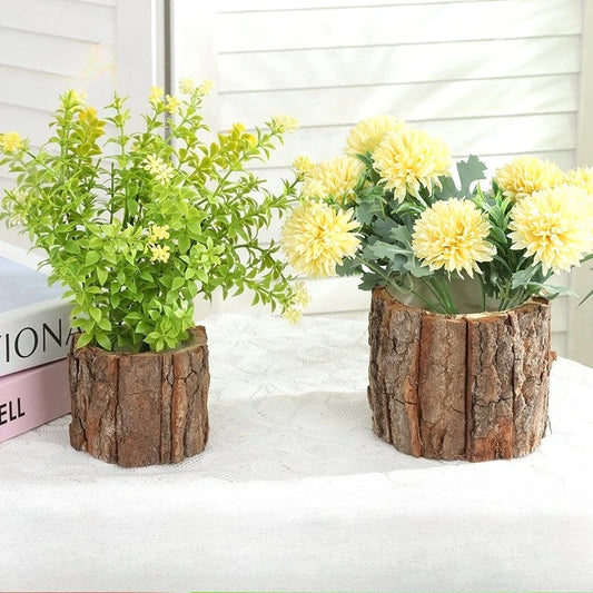9/12cm Tree Bark Flower Vase Ornament,Round Wooden Tree Stump Planter,Wedding Garden Office Desktop Decoration Vase