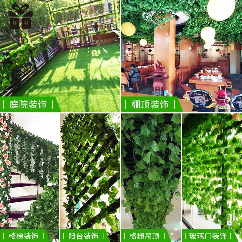 2.1M Artificial Plant Green Ivy Leaf Garland Silk Wall Hanging Vine Home Garden Decoration Wedding Party DIY Fake Wreath Leaves