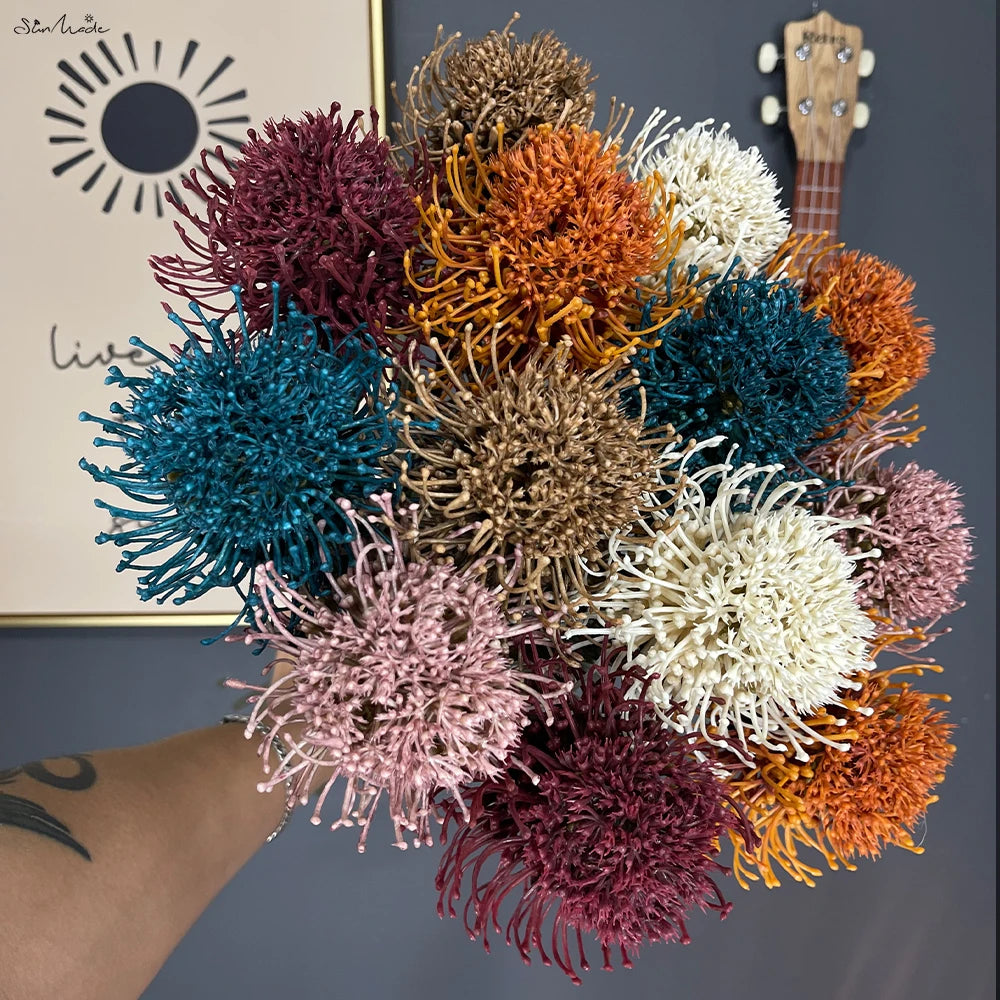 SunMade Flocked Ball Leucospermum Plastic Artificial Flowers Wedding Decoration Flores Artificales Fall Decor Fleur Artificielle