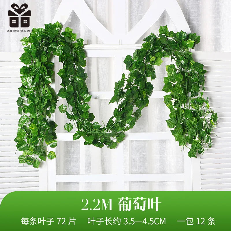 2.1M Artificial Plant Green Ivy Leaf Garland Silk Wall Hanging Vine Home Garden Decoration Wedding Party DIY Fake Wreath Leaves