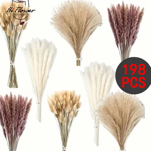 198PCS Pampas Grass Dried Flowers Boho Decoration Home Farmhouse Country Wedding Room Table Decoration Bouquet Bunny Tail Grass