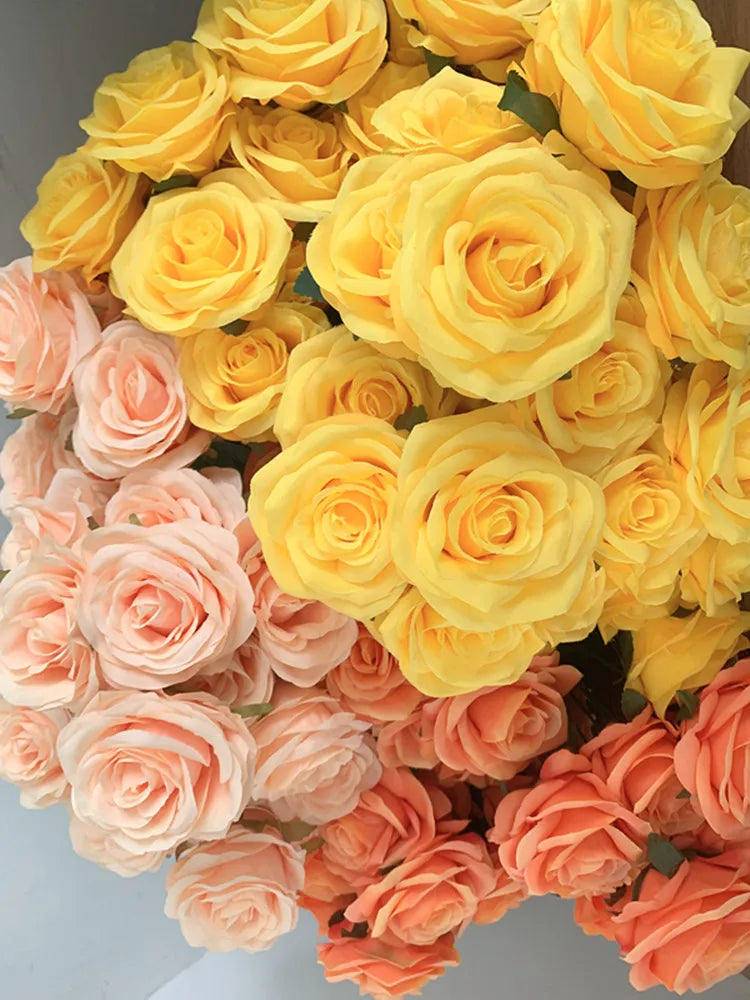 9Heads Roses Bouquet Artificial Flower Yellow Golden orange sunset Champagne Rose Fake Rose Living Room  Decoration Wedding