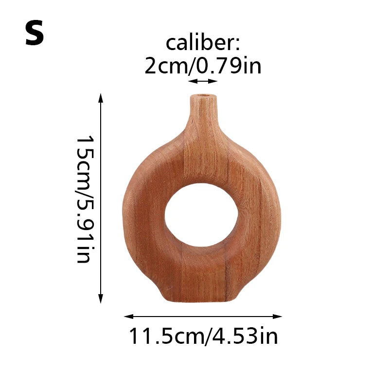 1PC Nordic Style Solid Wood Vase Donut Design Flowerpot Dry Flower Arranging Container Ornament Living Room Table Home Decor