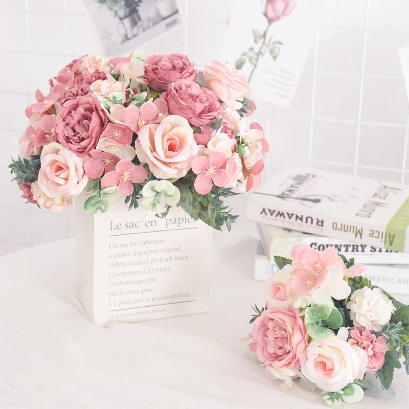 Artificial Flowers Silk Peony Hydrangea For Living Room Home Decoration Wedding Bride Bouquet Rose Fake Plants Table Accessories