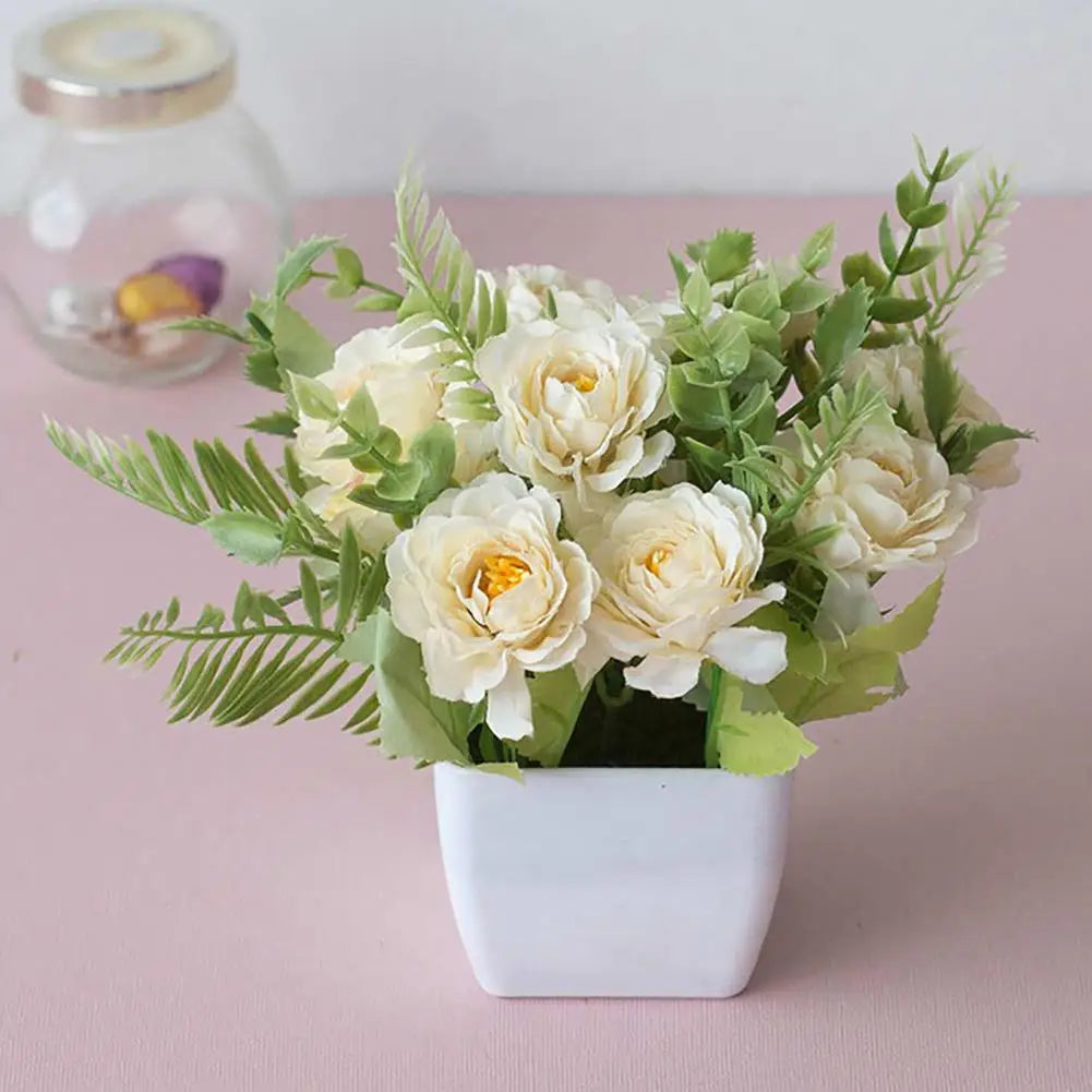 Multi-color Rose Flower Artificial Potted Plant Artificial Bonsai Potted Fake Flower Home Garden Office Table Room Decoration