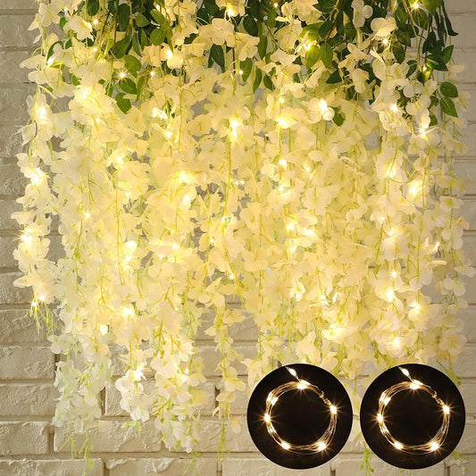 2Pcs 20 Branches Artificial White Wisteria Hanging Flowers Fake Garland with Lights for Wedding Party Home Backdrop Wall Decor