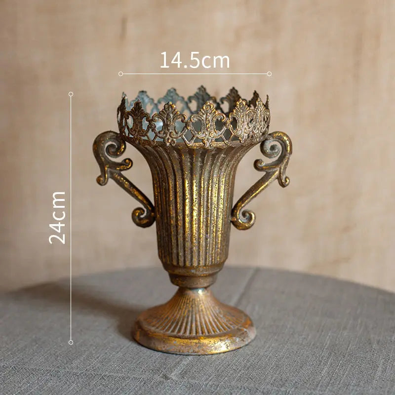 European Retro Iron Goblet Vase Decoration Home Livingroom Flower Arrangement Figurines Crafts Hotel Metal Flowerpot Ornaments