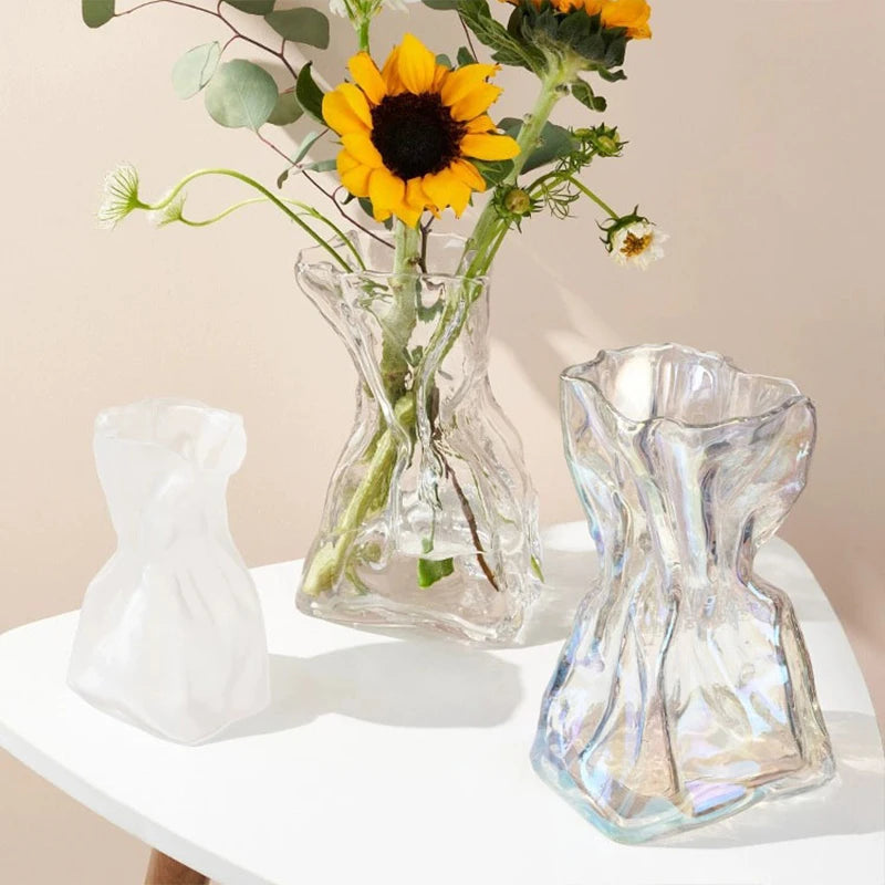 Irregular Glass Flower Vase Crystal Clear Vase Ins Style Decorative Vases for Home Office Wedding Dinner Table Party Decor