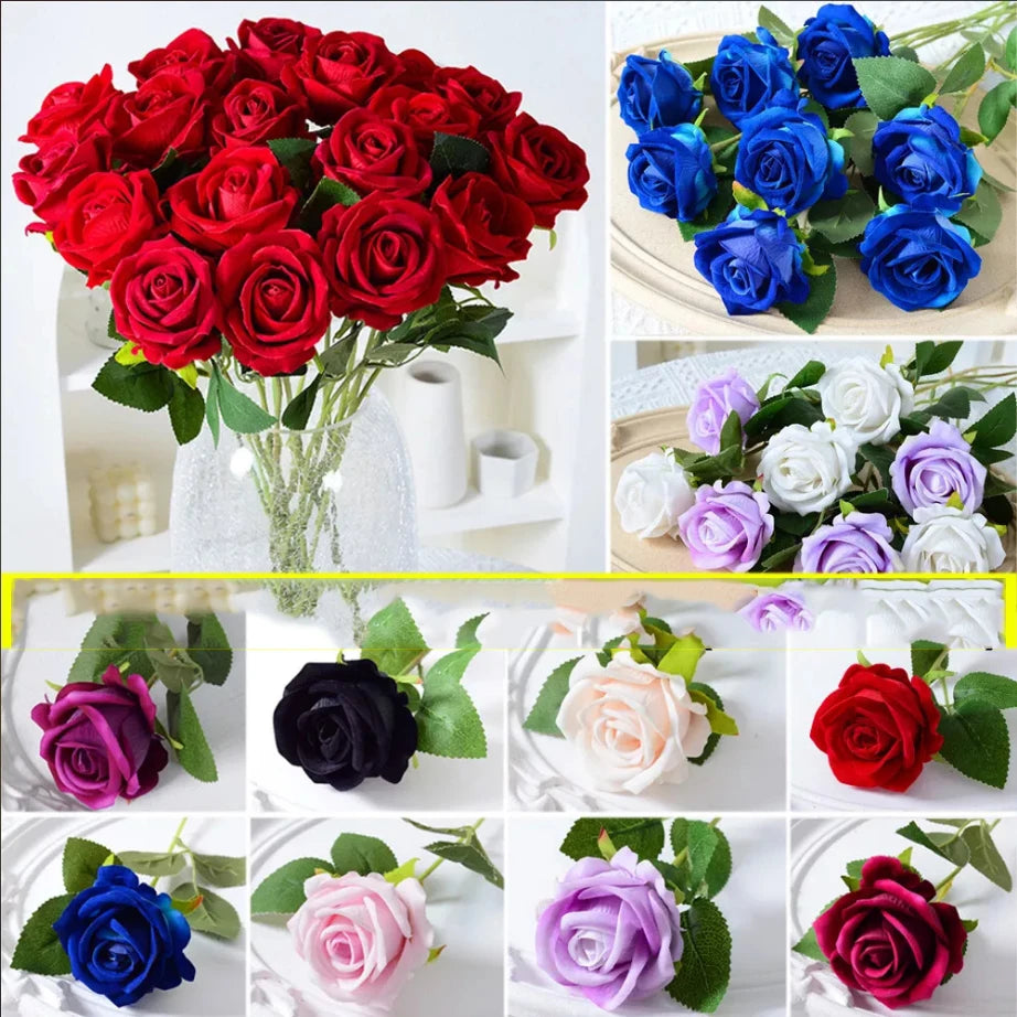 Artificial Flowers Bouquet Red Flannel/Silk Fake Rose Flower for Wedding Home Table Decoration Christmas Valentine's Day Gift