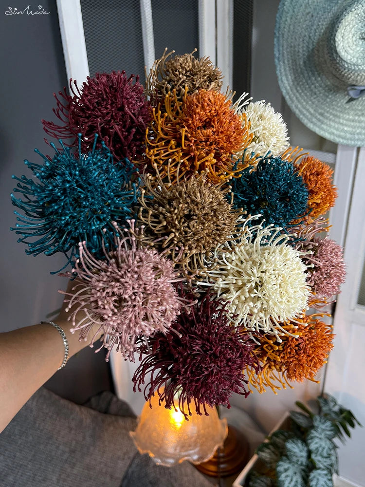 SunMade Flocked Ball Leucospermum Plastic Artificial Flowers Wedding Decoration Flores Artificales Fall Decor Fleur Artificielle