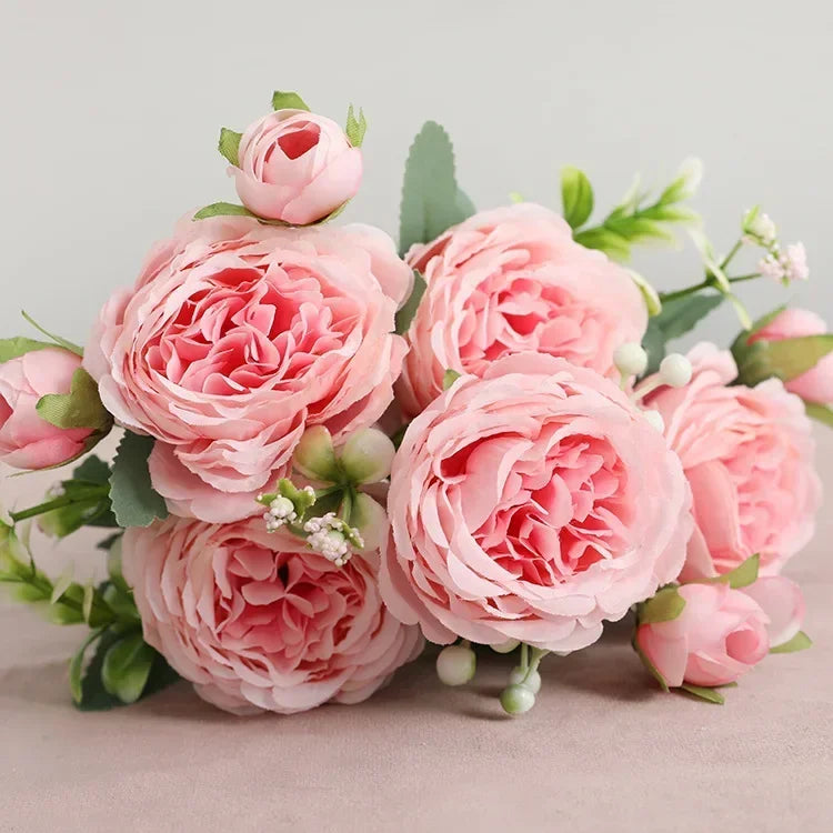 30cm Rose Pink Silk Peony Artificial Flowers Bouquet 5 Big Head an Bud Cheap Fake Flowers for Home Wedding Decoration indoo