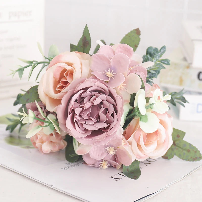 Artificial Flowers Silk Peony Hydrangea For Living Room Home Decoration Wedding Bride Bouquet Rose Fake Plants Table Accessories