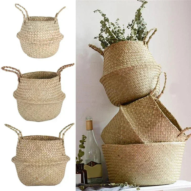 Foldable Wicker Basket Handmade Rattan Flower Pot Seagrass Planter Box Decorative Storage Organizer Home Decor Use Dropshipping