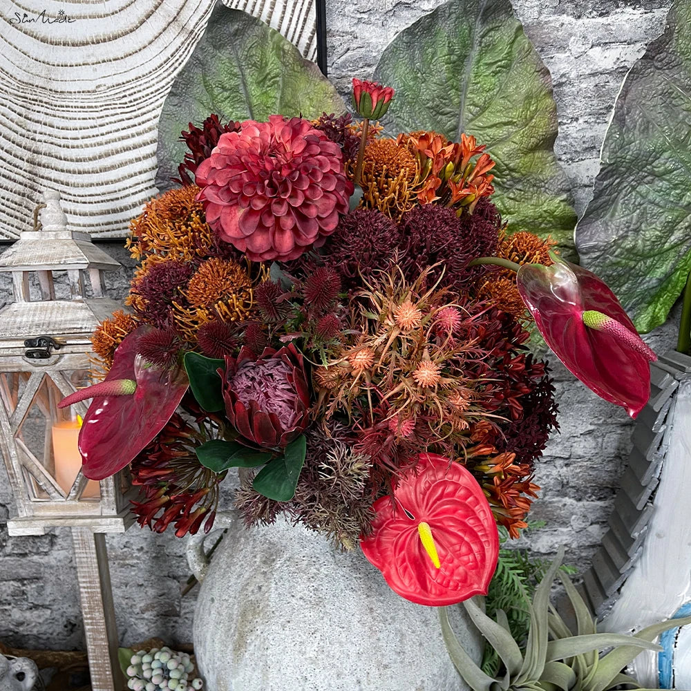 SunMade Flocked Ball Leucospermum Plastic Artificial Flowers Wedding Decoration Flores Artificales Fall Decor Fleur Artificielle