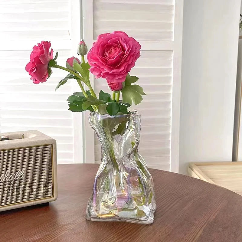 Irregular Glass Flower Vase Crystal Clear Vase Ins Style Decorative Vases for Home Office Wedding Dinner Table Party Decor