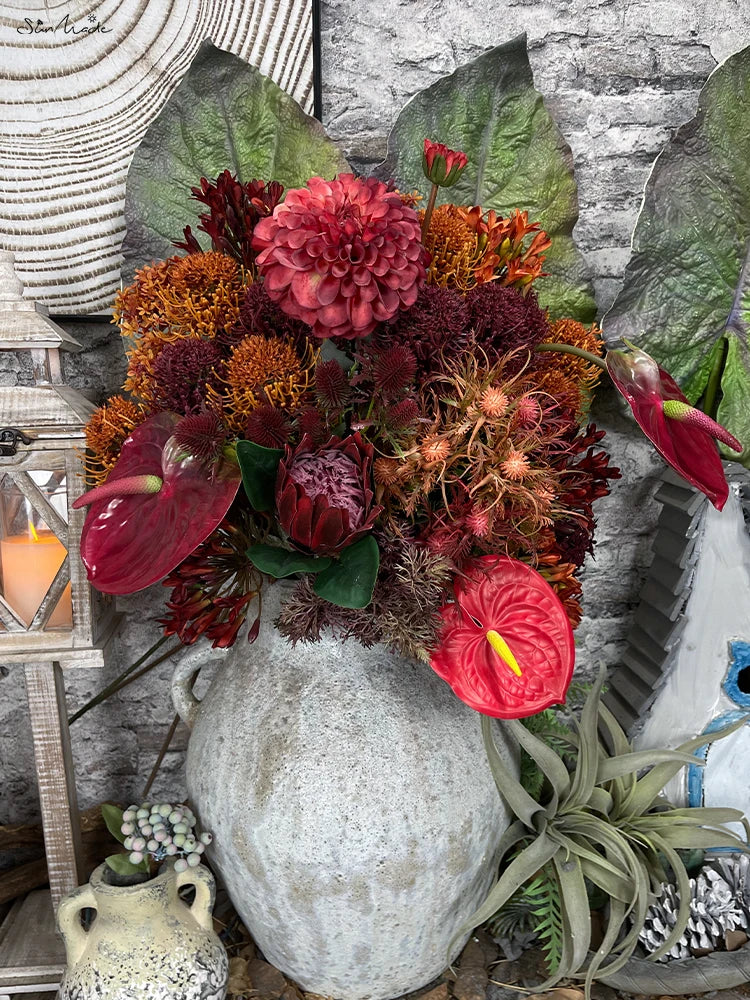 SunMade Flocked Ball Leucospermum Plastic Artificial Flowers Wedding Decoration Flores Artificales Fall Decor Fleur Artificielle