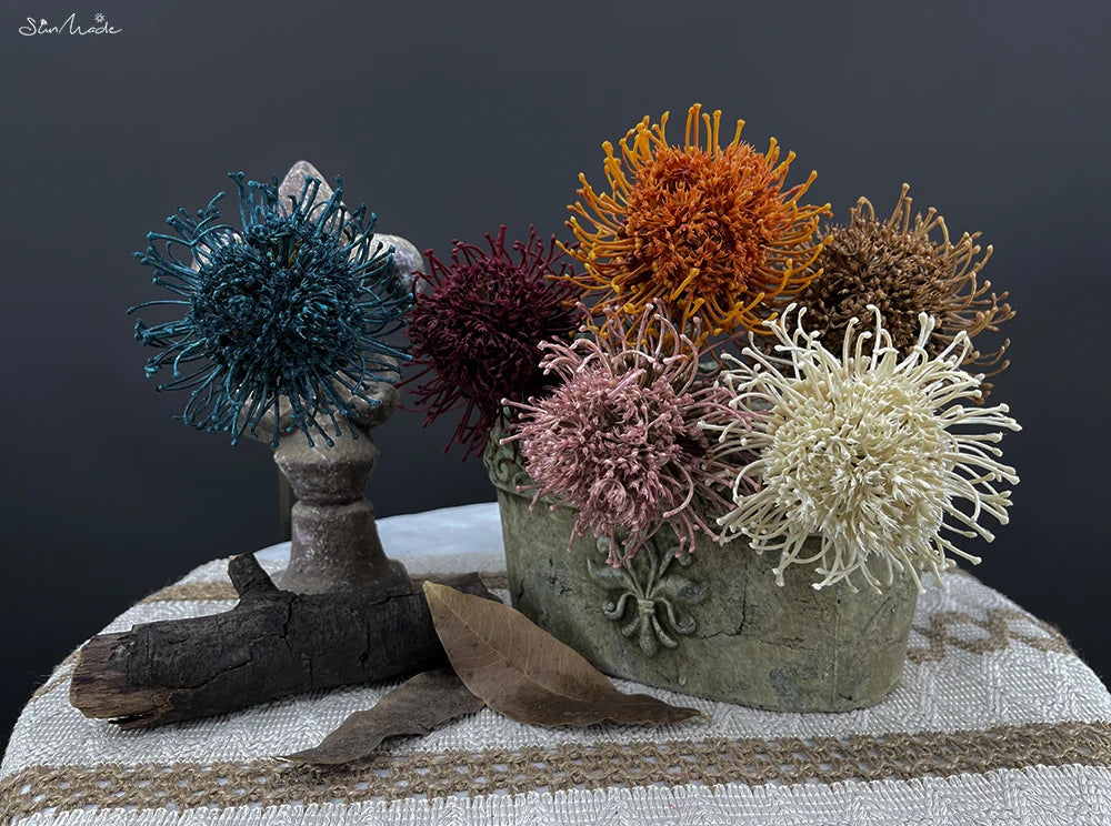SunMade Flocked Ball Leucospermum Plastic Artificial Flowers Wedding Decoration Flores Artificales Fall Decor Fleur Artificielle