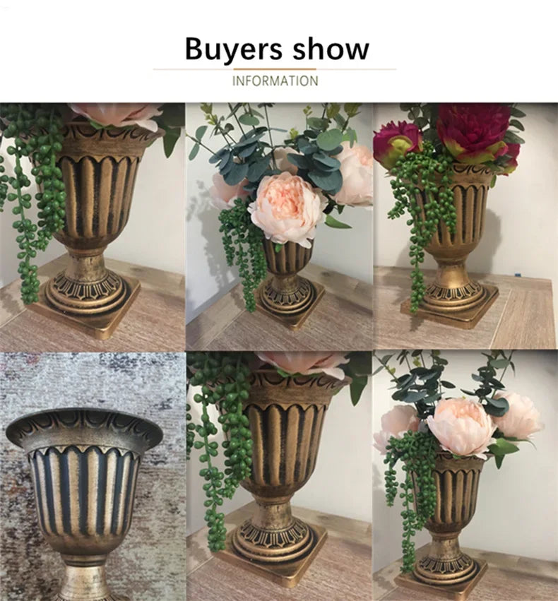Plastic Distressed Vase Retro Flower Arrangement Roman Column carved copperStyle Wedding Props basin Home Desk White pot Display
