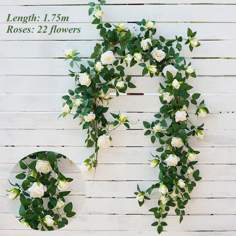 1.75m Artificial Rose Vine 22 Head Flower Fake Green Plant Flower Vine Wedding Arch Air Conditioning Pipe Wall Hanging Decor