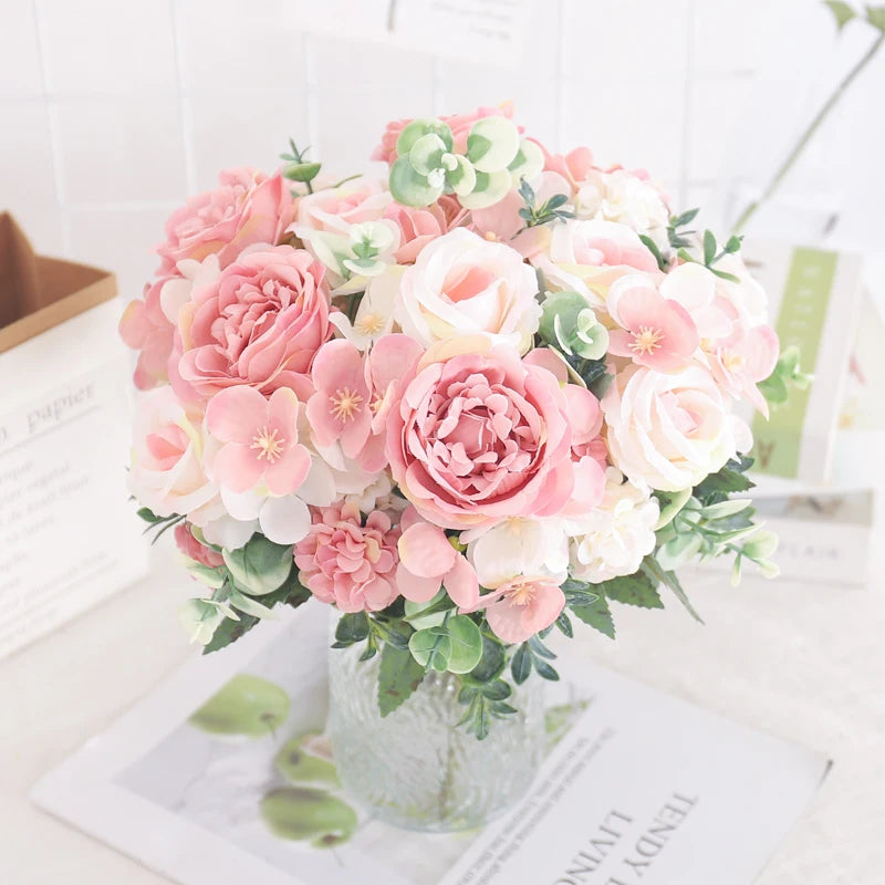 Artificial Flowers Silk Peony Hydrangea For Living Room Home Decoration Wedding Bride Bouquet Rose Fake Plants Table Accessories