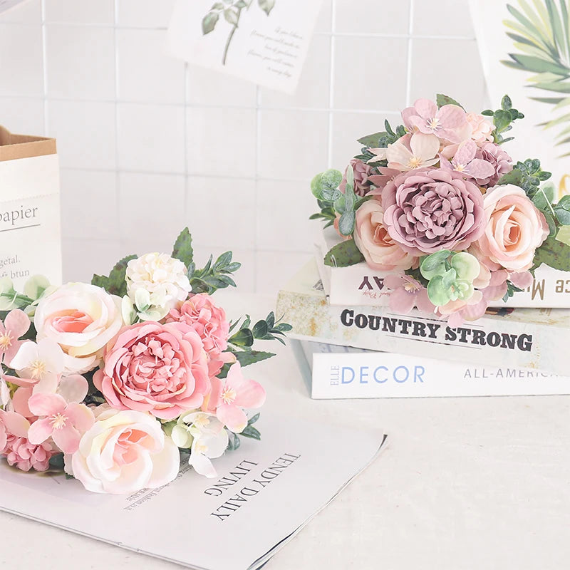 Artificial Flowers Silk Peony Hydrangea For Living Room Home Decoration Wedding Bride Bouquet Rose Fake Plants Table Accessories