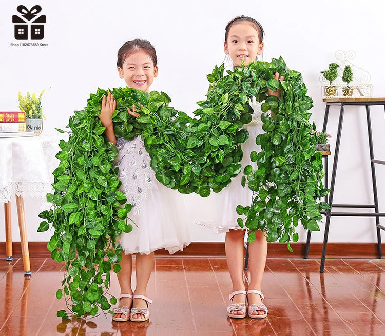 2.1M Artificial Plant Green Ivy Leaf Garland Silk Wall Hanging Vine Home Garden Decoration Wedding Party DIY Fake Wreath Leaves