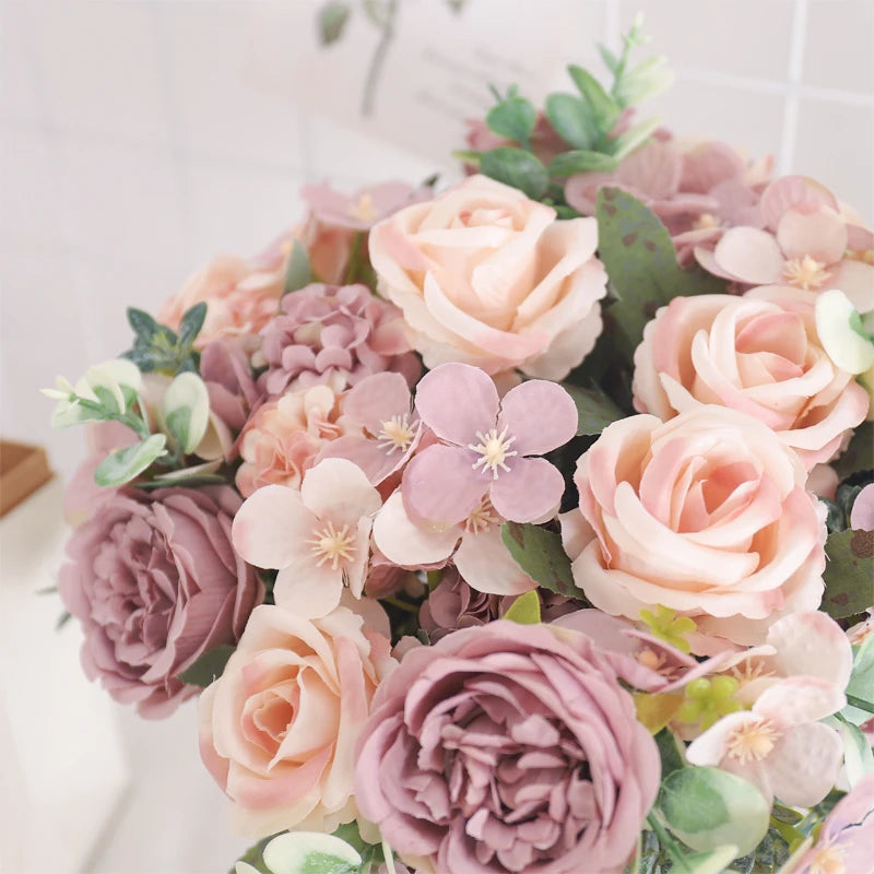 Artificial Flowers Silk Peony Hydrangea For Living Room Home Decoration Wedding Bride Bouquet Rose Fake Plants Table Accessories