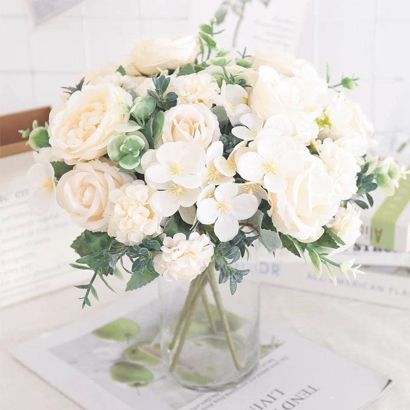 Artificial Flowers Silk Peony Hydrangea For Living Room Home Decoration Wedding Bride Bouquet Rose Fake Plants Table Accessories