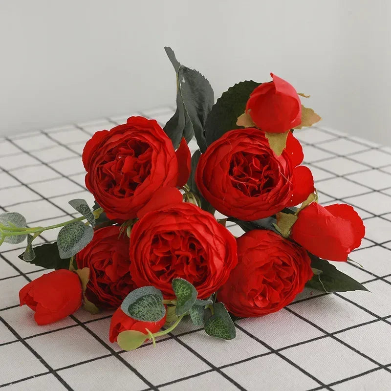 30cm Rose Pink Silk Peony Artificial Flowers Bouquet 5 Big Head an Bud Cheap Fake Flowers for Home Wedding Decoration indoo