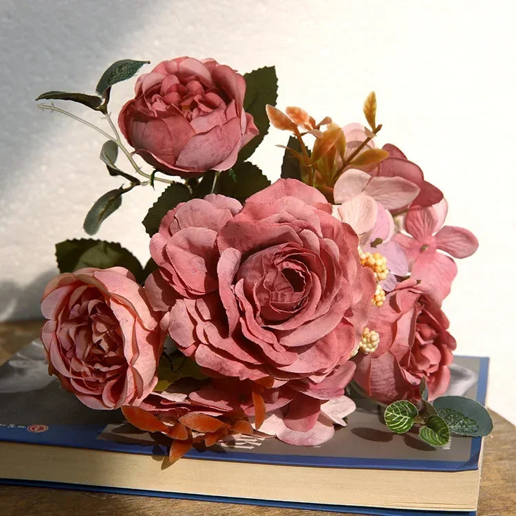 30cm Rose Pink Silk Peony Artificial Flowers Bouquet 5 Big Head an Bud Cheap Fake Flowers for Home Wedding Decoration indoo