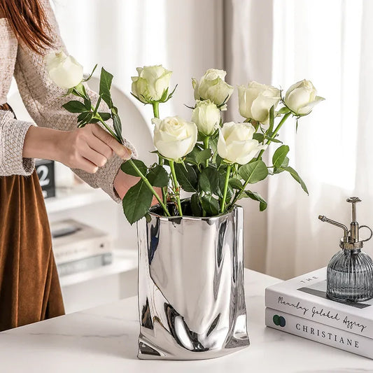 Creative Flower Pots Large Silver Ceramic Flower Cachepot Vase Planters Garden Succulent Plants Potted Modern Home Decoration