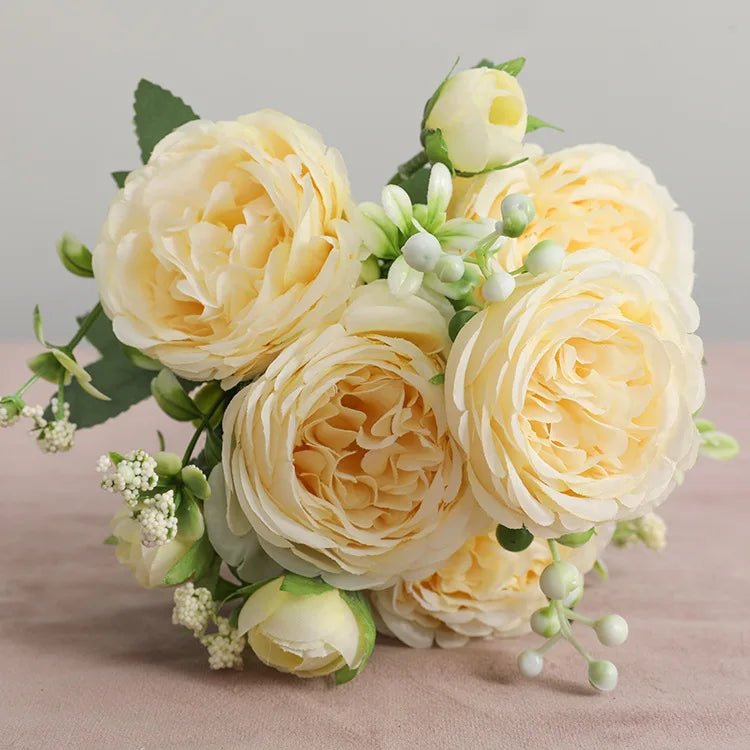 30cm Rose Pink Silk Peony Artificial Flowers Bouquet 5 Big Head an Bud Cheap Fake Flowers for Home Wedding Decoration indoo